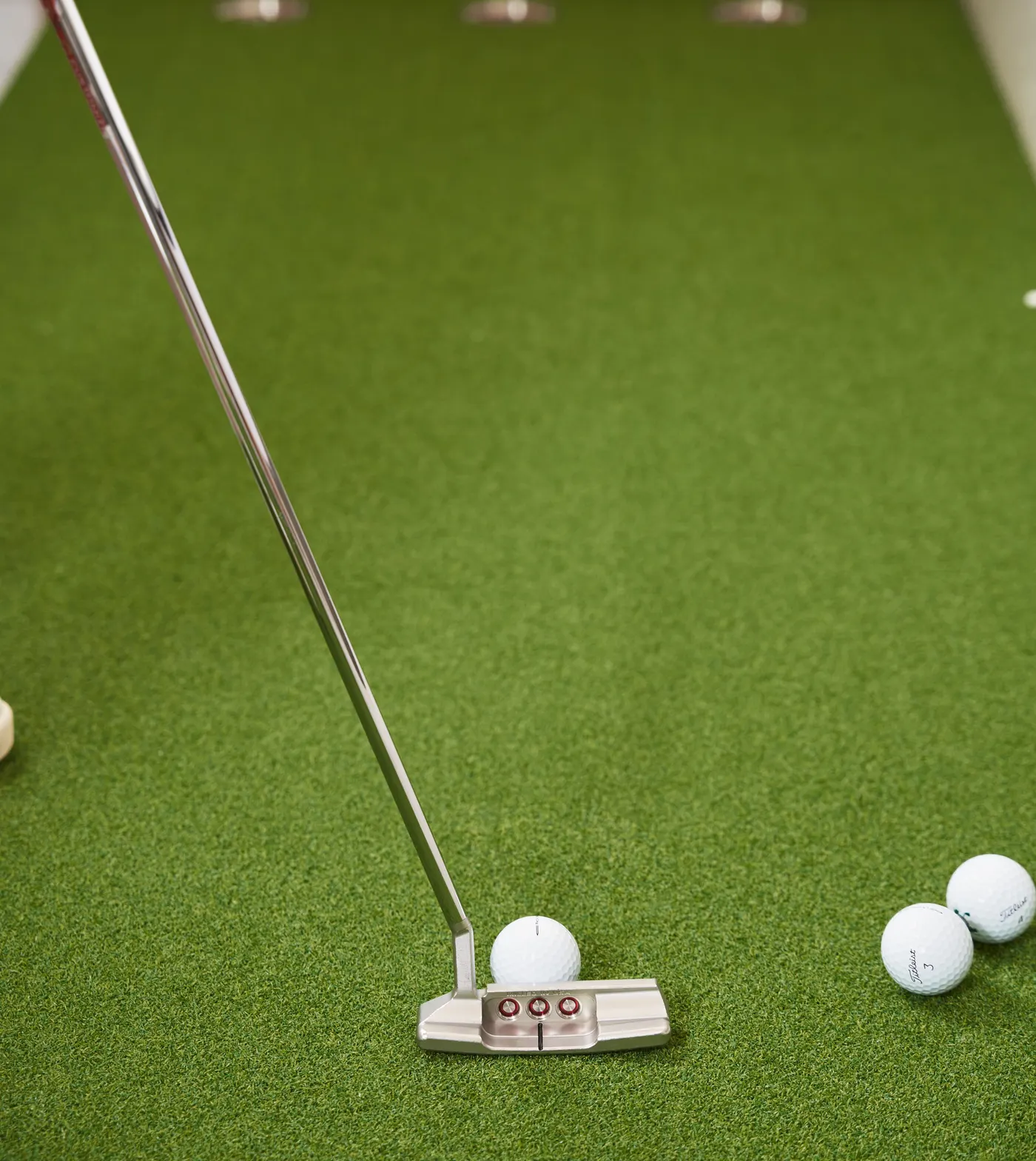 Putter set behind a golf ball on a backyard putting green